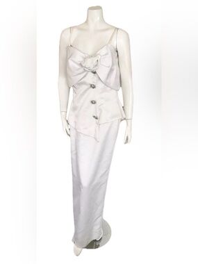 Vintage After Five By Julie Duroche White Satin Bow Front Floral Gown Dress 10